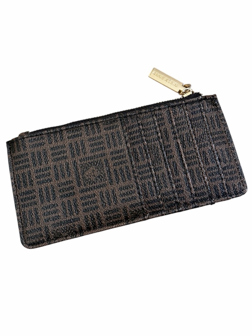 ANNE KLEIN Small Zip Card Case Wallet in Dark Brown Coated Canvas